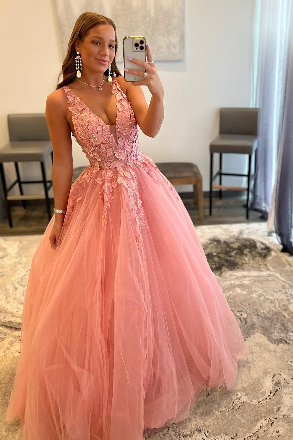 Blush A-Line Long Prom Dress with Deep V Neckline and Princess Appliques