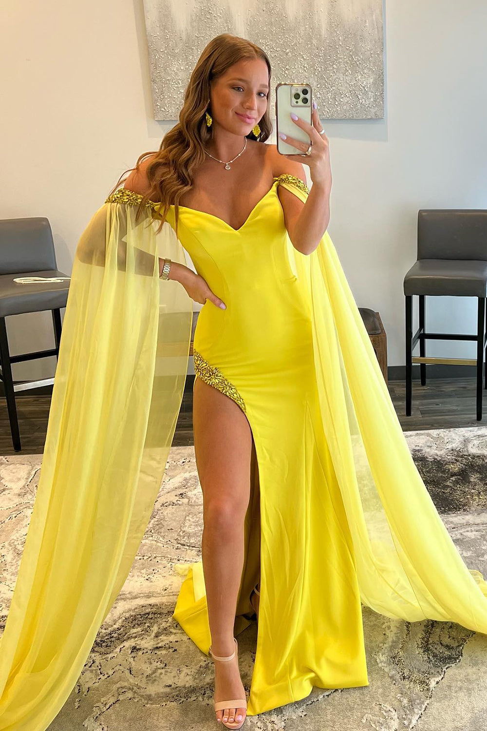 Yellow Long Prom Dress with Off-the-Shoulder A-Line and Slit