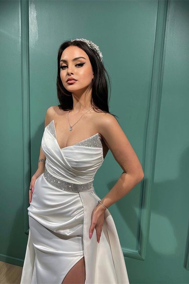 White V-Neck Mermaid Spaghetti-Straps Split Evening Dress With Sequins
