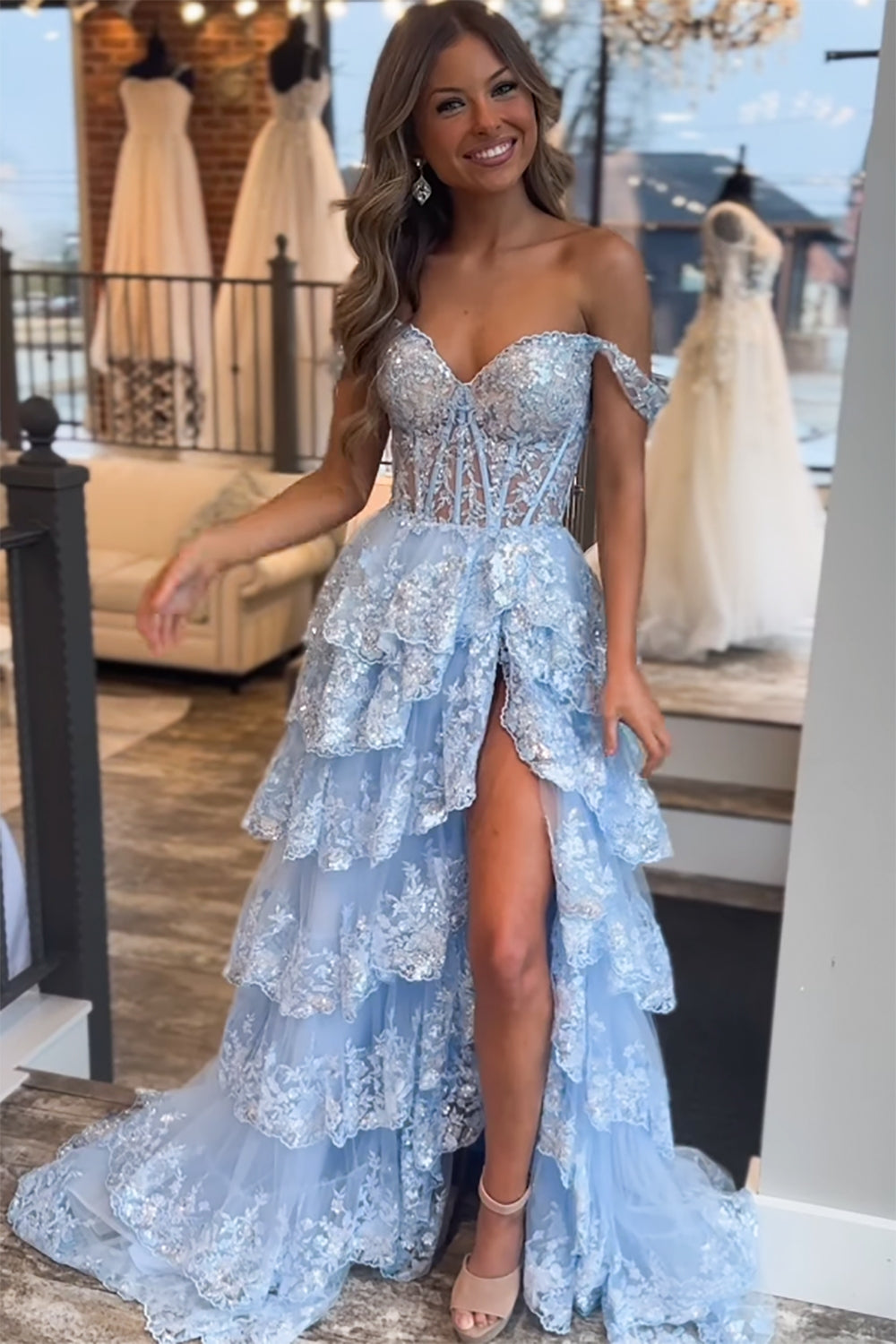 Long Tiered Off-the-Shoulder Corset Prom Dress in Fuchsia with Sequins for Princesses