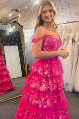 Long Tiered Off-the-Shoulder Corset Prom Dress in Fuchsia with Sequins for Princesses