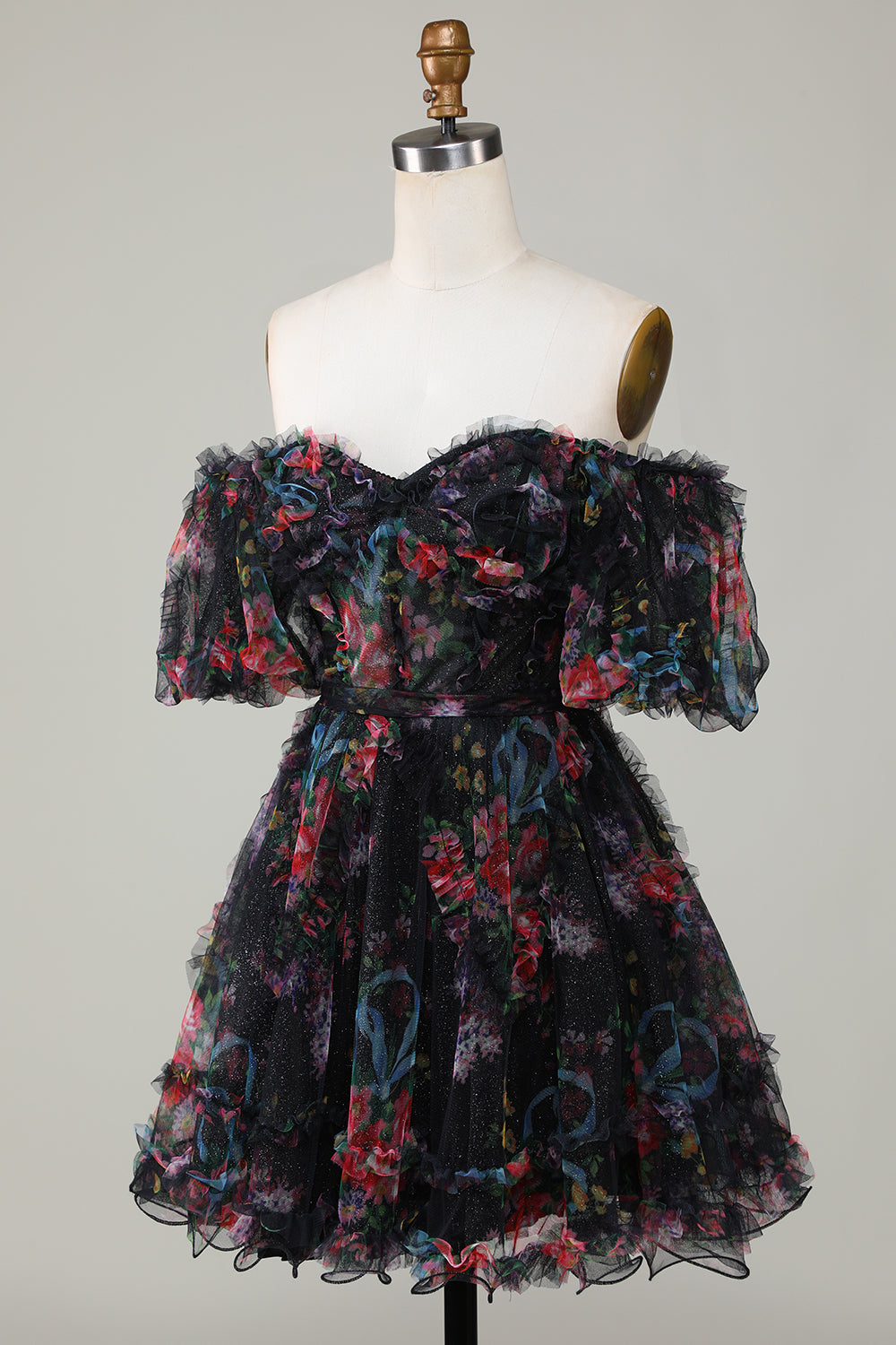 Green Off the Shoulder Printed Tiered A Line Short Homecoming Dress/Mini Dress
