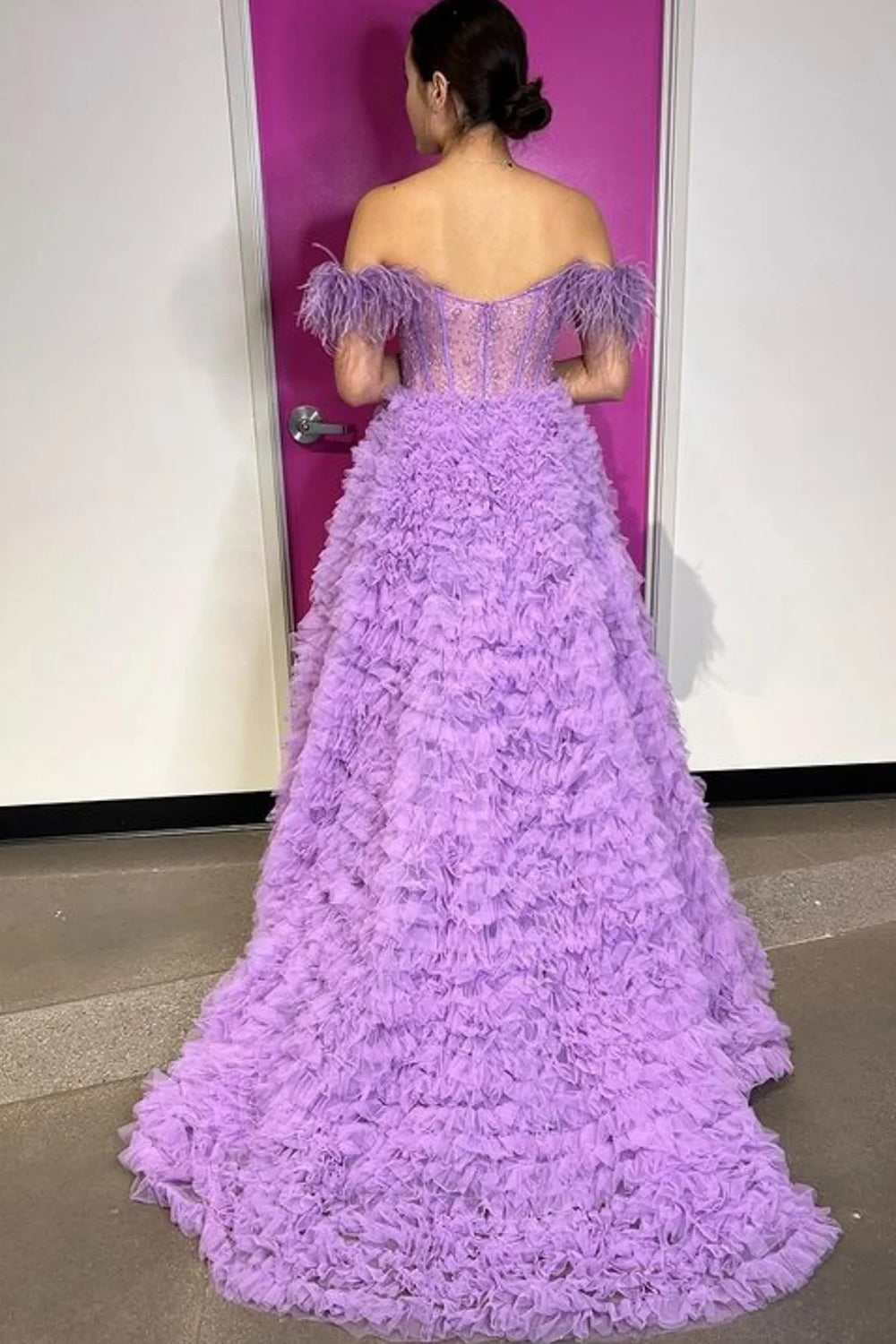 Pink Long Prom Dress with Feathers - Off-the-Shoulder A-Line Princess Style