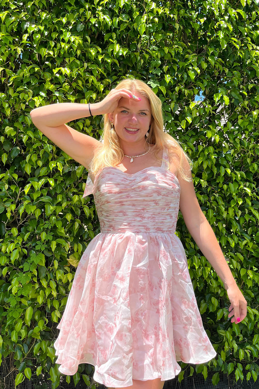 Pink Floral Print A-Line Short Homecoming Dress/Mini Dress