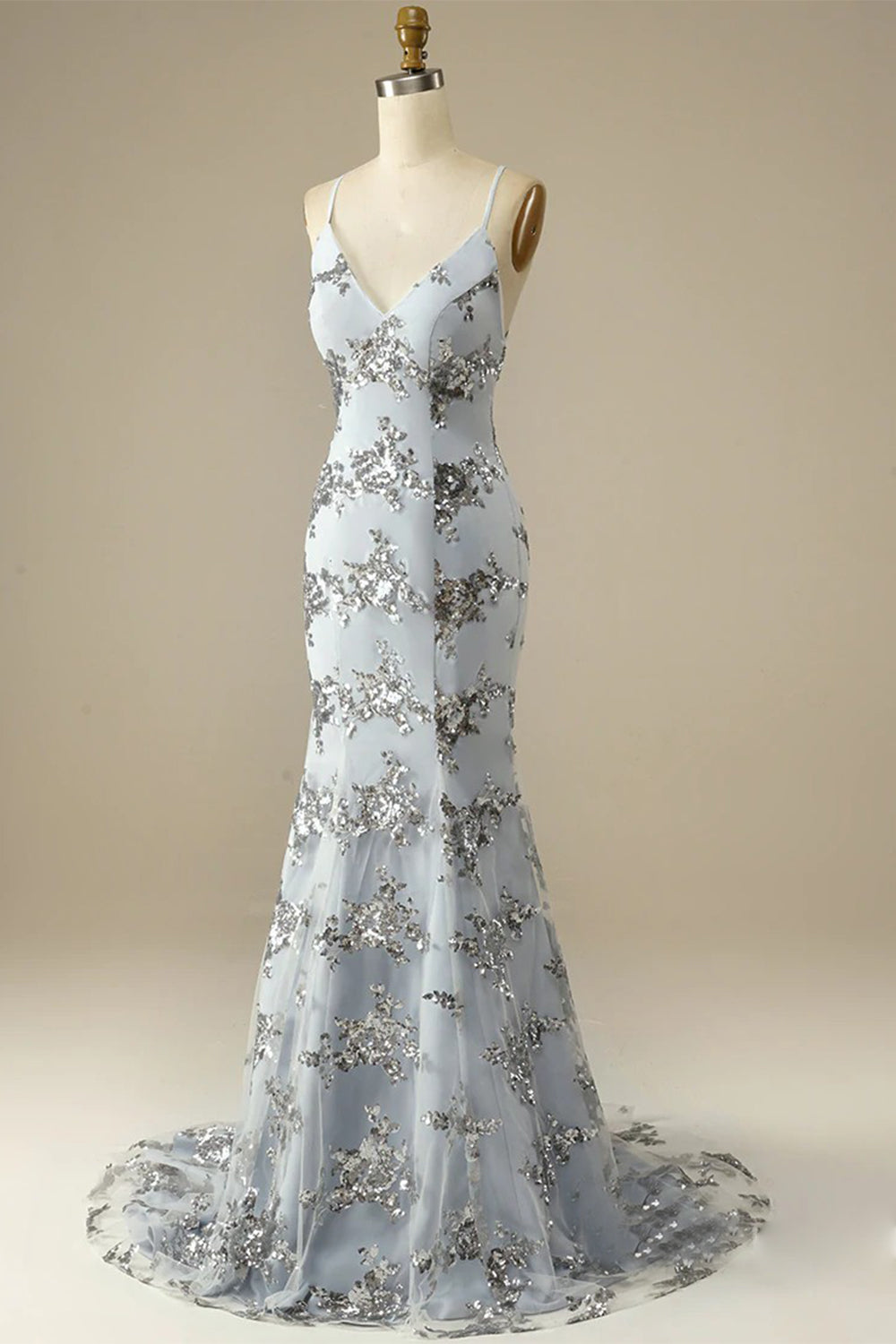 Prom Dress with Spaghetti Straps and Beaded Backless Design