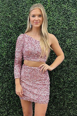 Sparkly Two Piece Blush Sequins One Shoulder Tight Homecoming Dress/Mini Dress