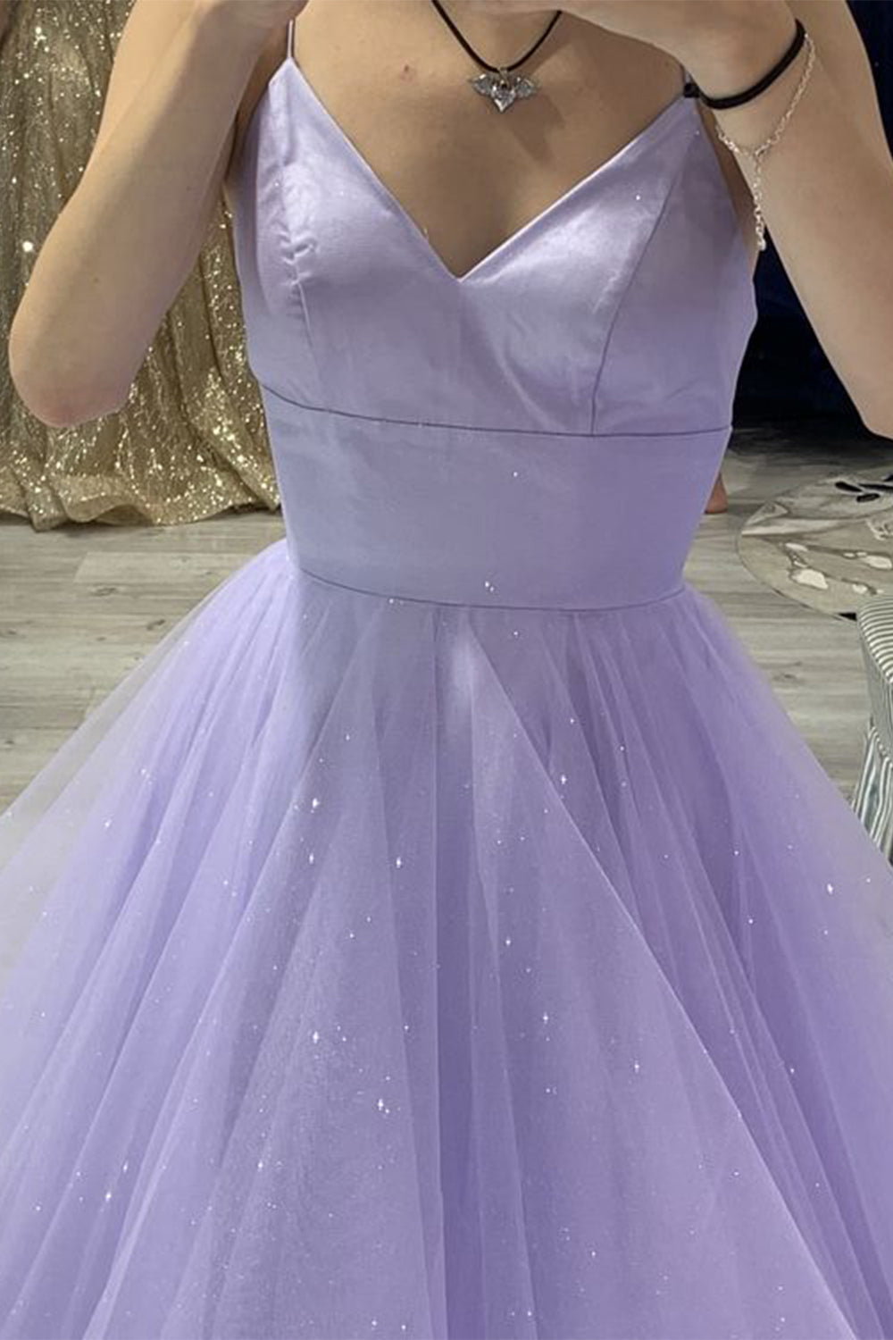 Prom Dress with Lilac Glitter Spaghetti Straps