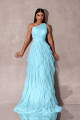 Chic One Shoulder Sleeveless Long Formal Dress With Tulle Ruffle