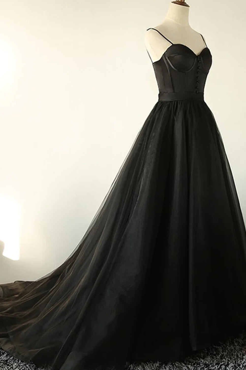 Long A-Line Prom Dress in Black with Tulle Corset