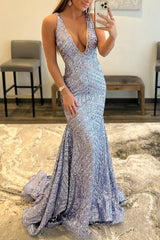 Long Grey Prom Dress with Mermaid Sequins