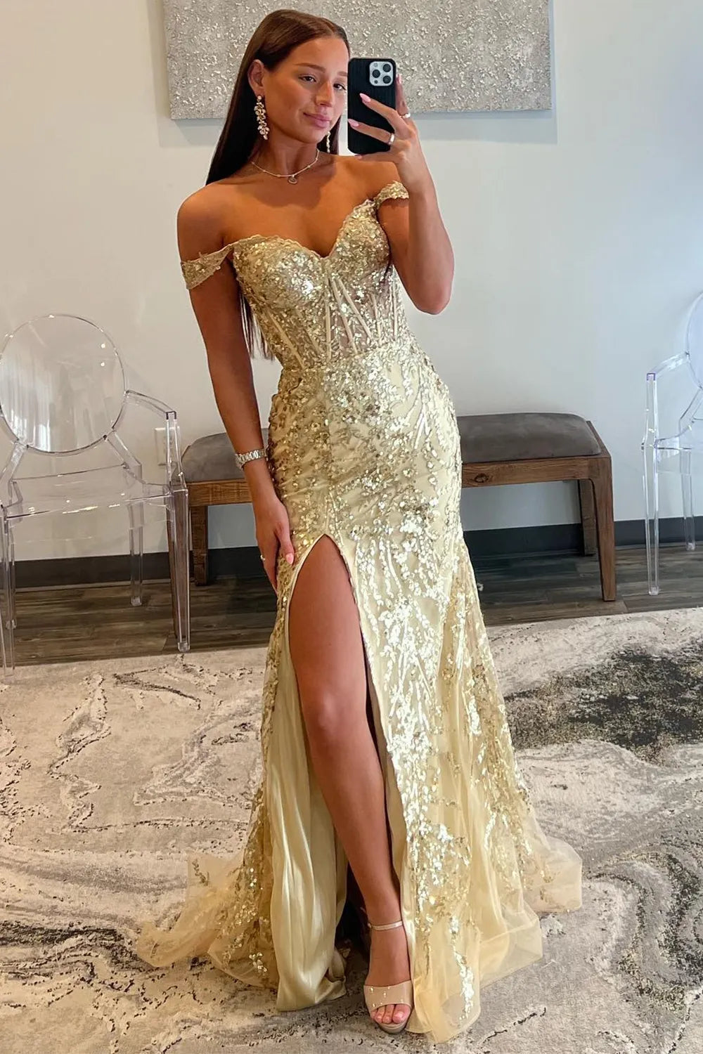 Black Fuchsia Off-the-Shoulder Sparkly Mermaid Gown with Slit and Sequins