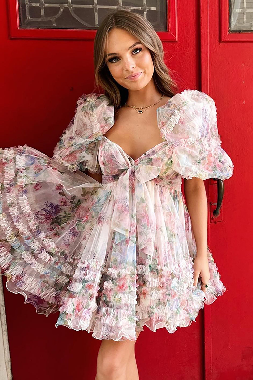 Dark Blue Puff Sleeves A-Line Floral Short Homecoming Dress/Mini Dress with Ruffles