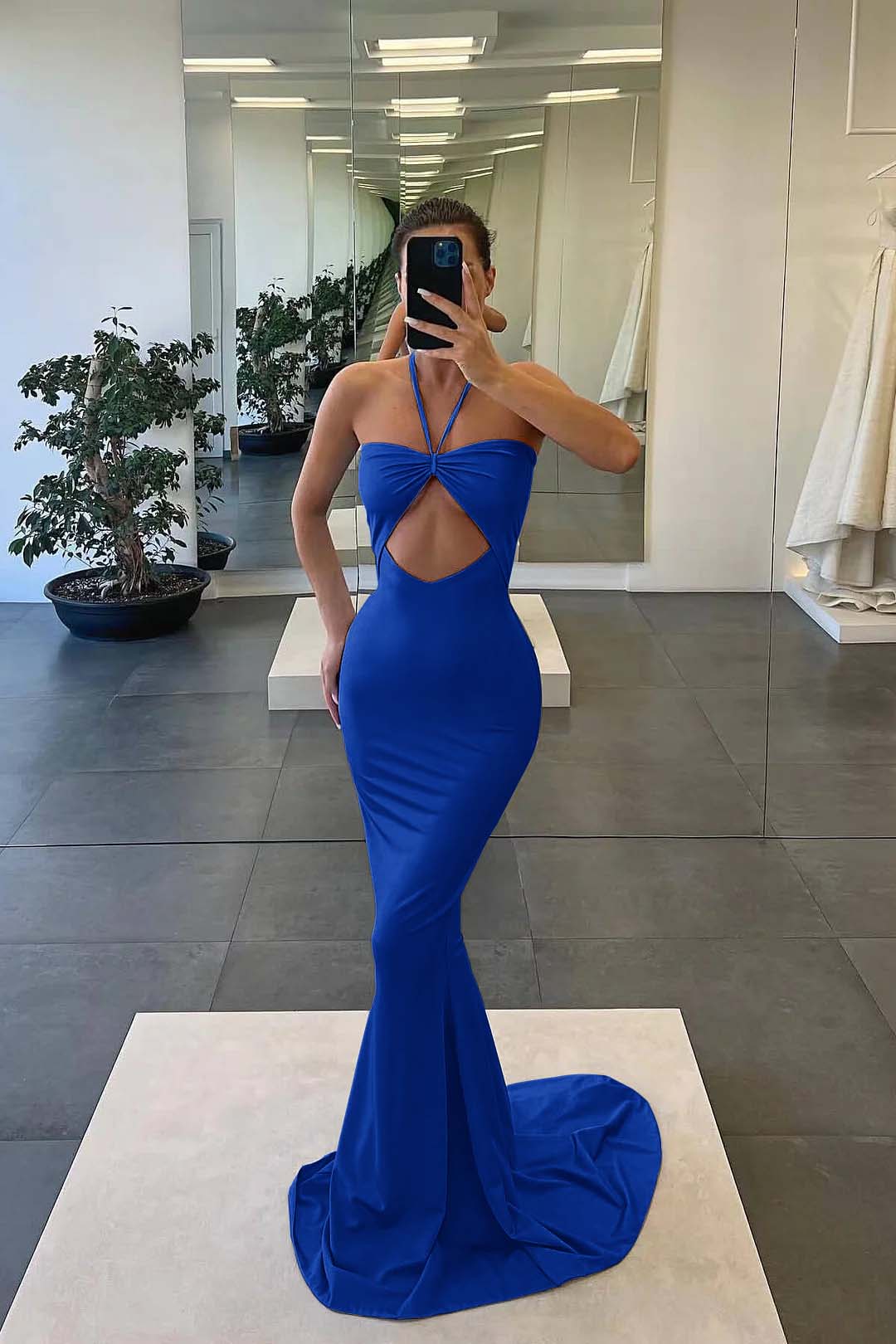 Strapless Blue Mermaid Evening Dress With Sleeveless Halter