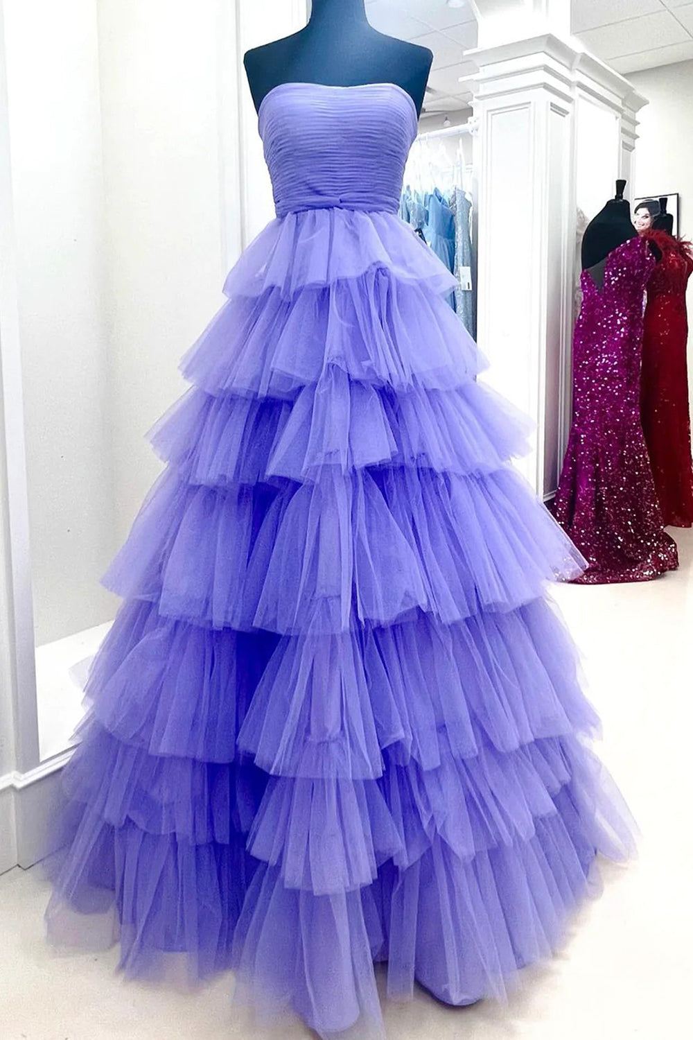 Hot Pink Long A-Line Prom Dress with Ruffled Straps