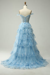 Blue Off-the-Shoulder Corset Prom Dress with A-Line Silhouette and Lace Ruffles