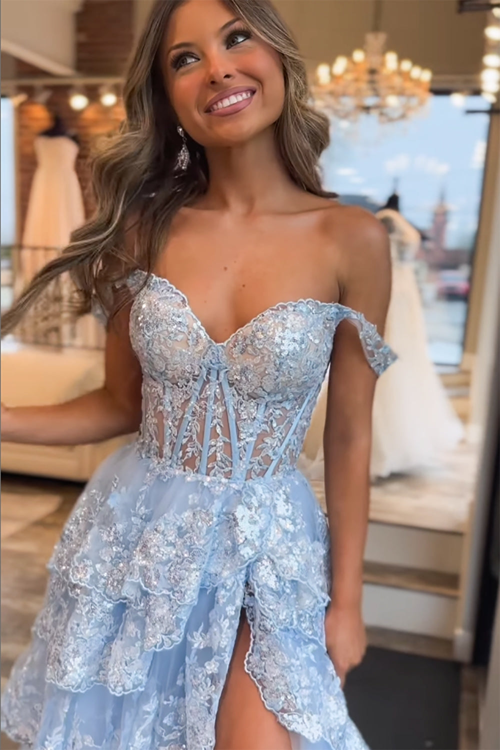Long Tiered Off-the-Shoulder Corset Prom Dress in Fuchsia with Sequins for Princesses