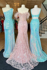 Elegant Pink Off-the-Shoulder Mermaid Prom Dress with Feather Corset