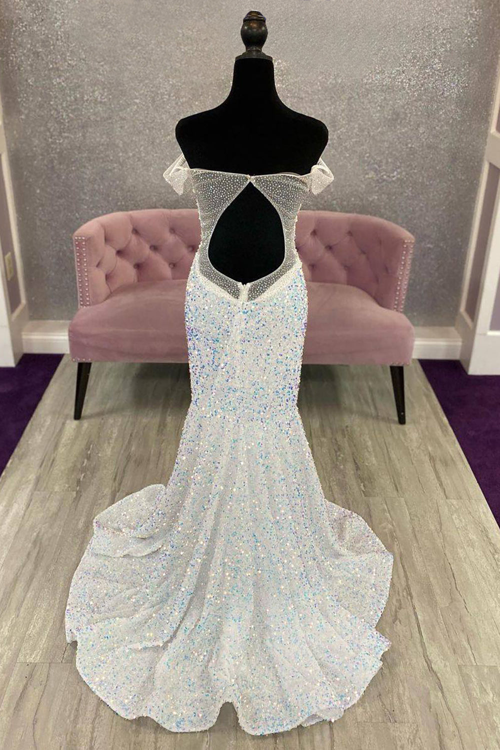 Long White Mermaid Prom Dress with Off-the-Shoulder Neckline and Open Back in Sequins