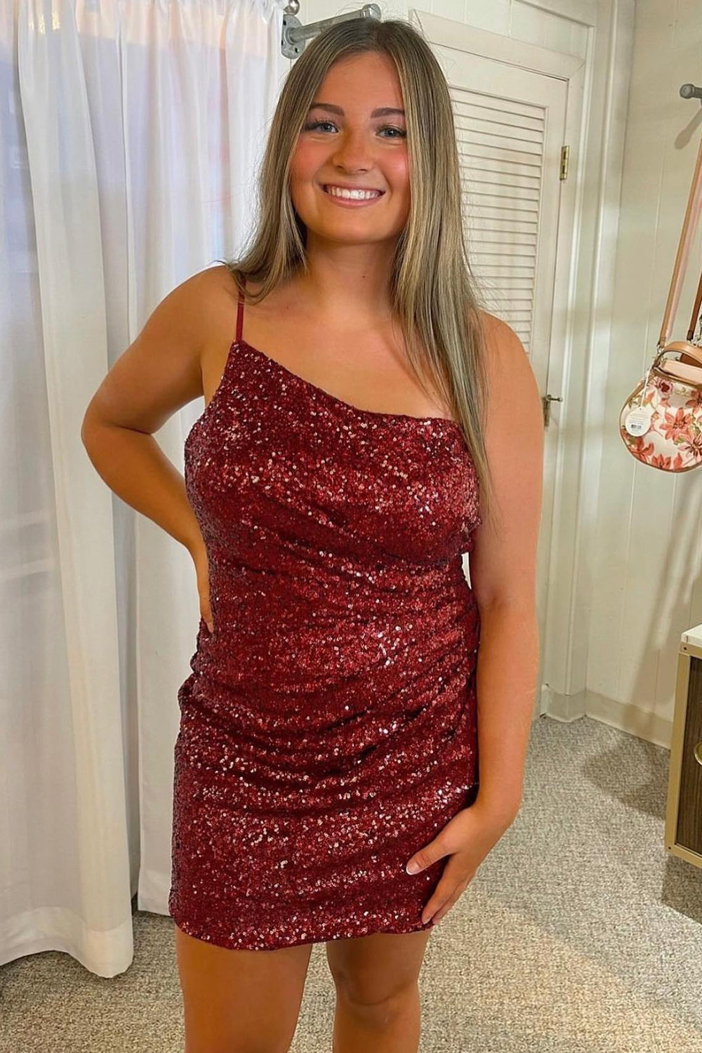 Glitter One Shoulder Tight Black Homecoming Dress/Mini Dress