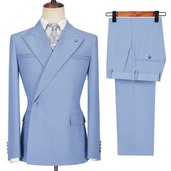 Glamorous Blue Casual Prom Suit Peaked Lapel with Ruffles for Guys