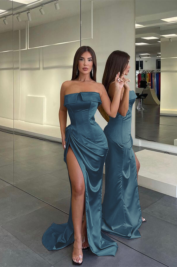 Stylish Strapless Mermaid Split Champagne Evening Dress With Pleated