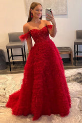 Princess Prom Dress in Red with Off-the-Shoulder A-Line Design
