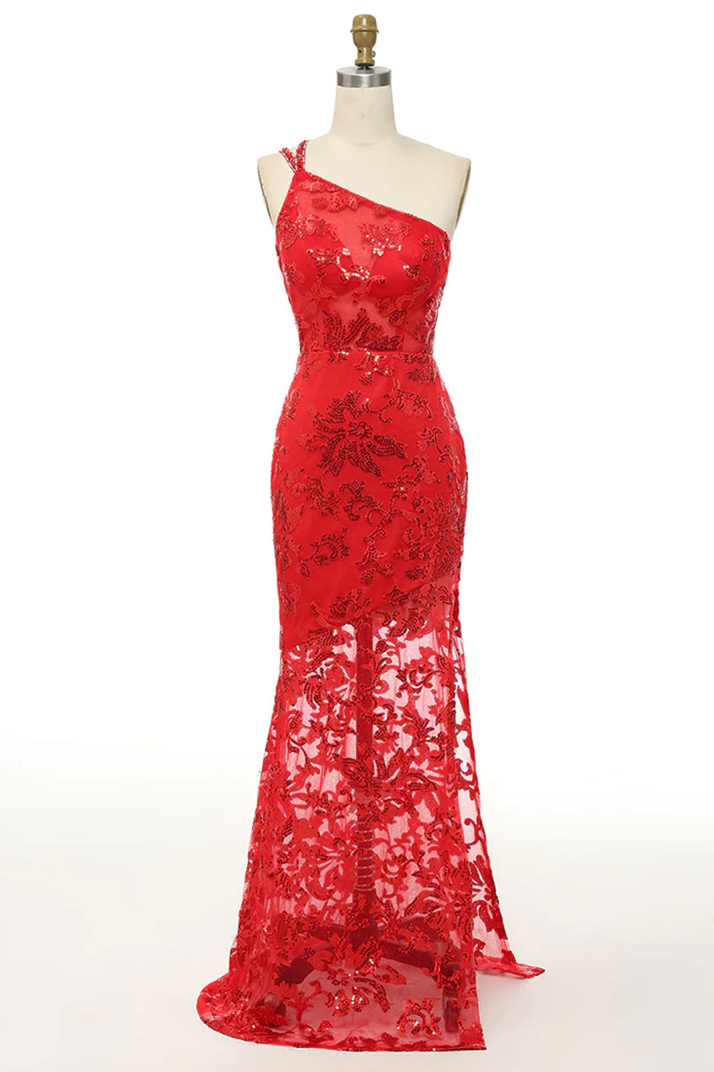 One Shoulder Lace Prom Gown with Sheath Silhouette