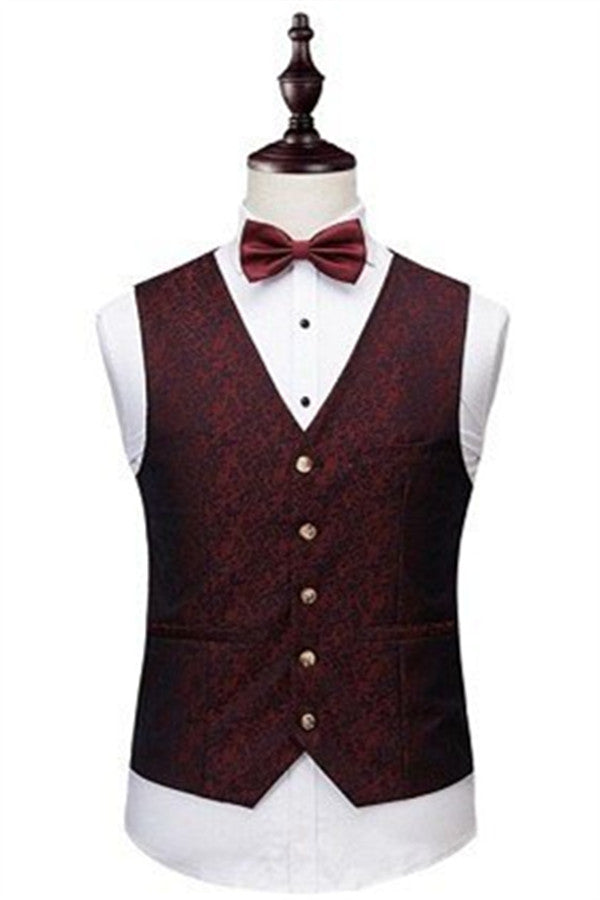 Wine Ruby Jacquard Tuxedo Suit for Wedding with Notched Lapel in Three Pieces
