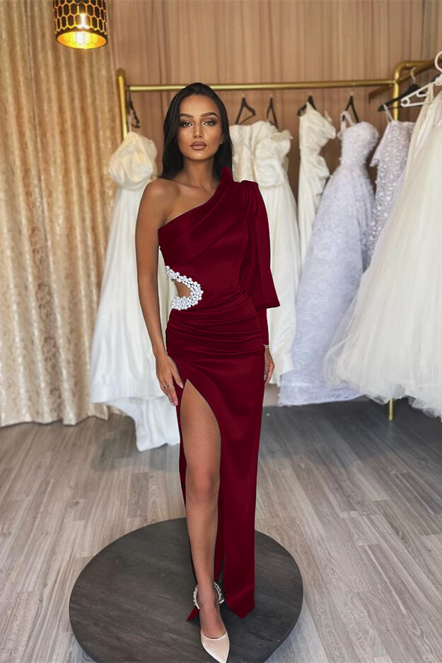 Black One Shoulder Long Sleeve Slit Mermaid Evening Dress With Pearls