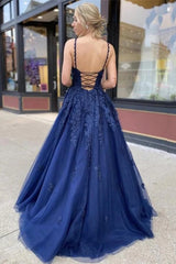 Long Navy Blue Prom Dress with Appliques for Evening