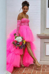 Hot Pink High Low Detachable Sleeves Corset Homecoming Dress/Mini Dress with Lace