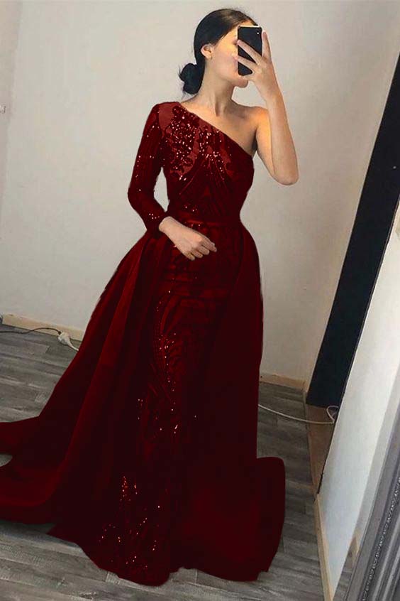 Dark Green Overskirt One Shoulder Long Sleeve Mermaid Formal Dress With Sequins