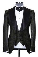 Nathanael Handsome Black Jacquard Peaked Lapel Three-Piece Wedding Groom Suits