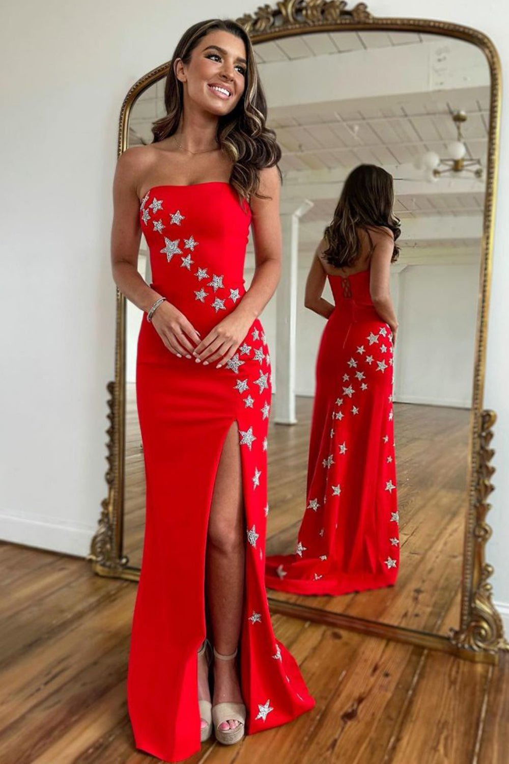 Red Long Prom Dress with Mermaid Silhouette and Front Split Strapless