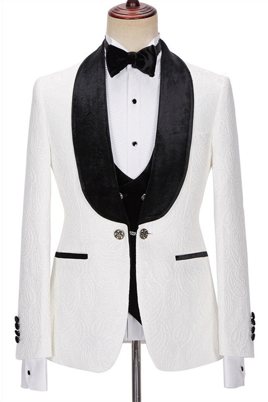 New Arrival White Jacquard Three-Piece with Velvet Lapel Wedding Men's Suits
