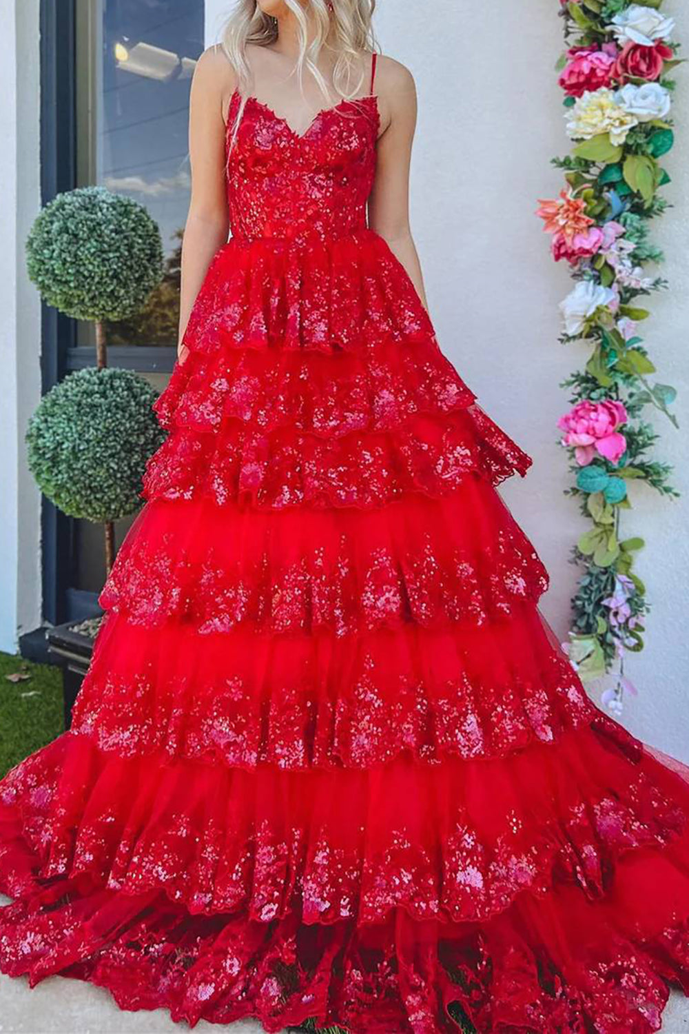 Long Corset Prom Dress in Pink with A Line Silhouette Spaghetti Straps and Sequined Tulle Tiers