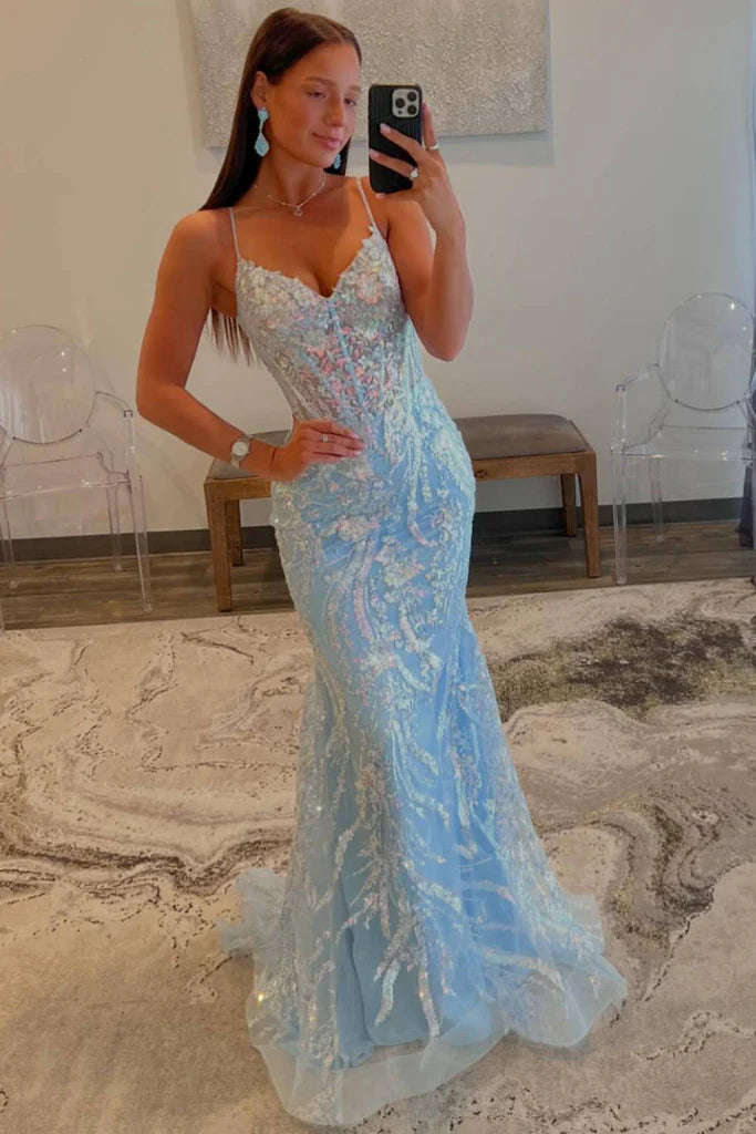 Elegant Blue Mermaid Corset Prom Dress with Sequins and Spaghetti Straps