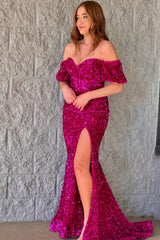 Fuchsia Sequined Long Prom Dress with Mermaid Cut and Shoulder Detail