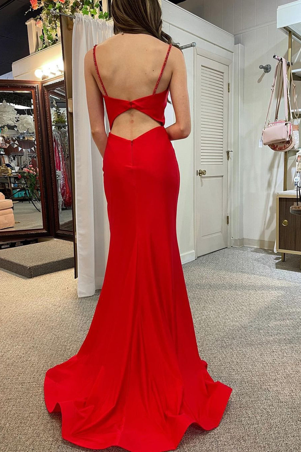 Red Long Prom Dress with Mermaid Silhouette and Spaghetti Straps Front Split