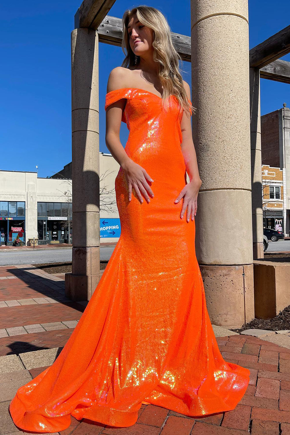 Sequined Blue Mermaid Prom Dress with Off-Shoulder Design