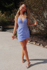 Spaghetti Straps Lilac Bodycon Short Homecoming Dress/Mini Dress with Appliques