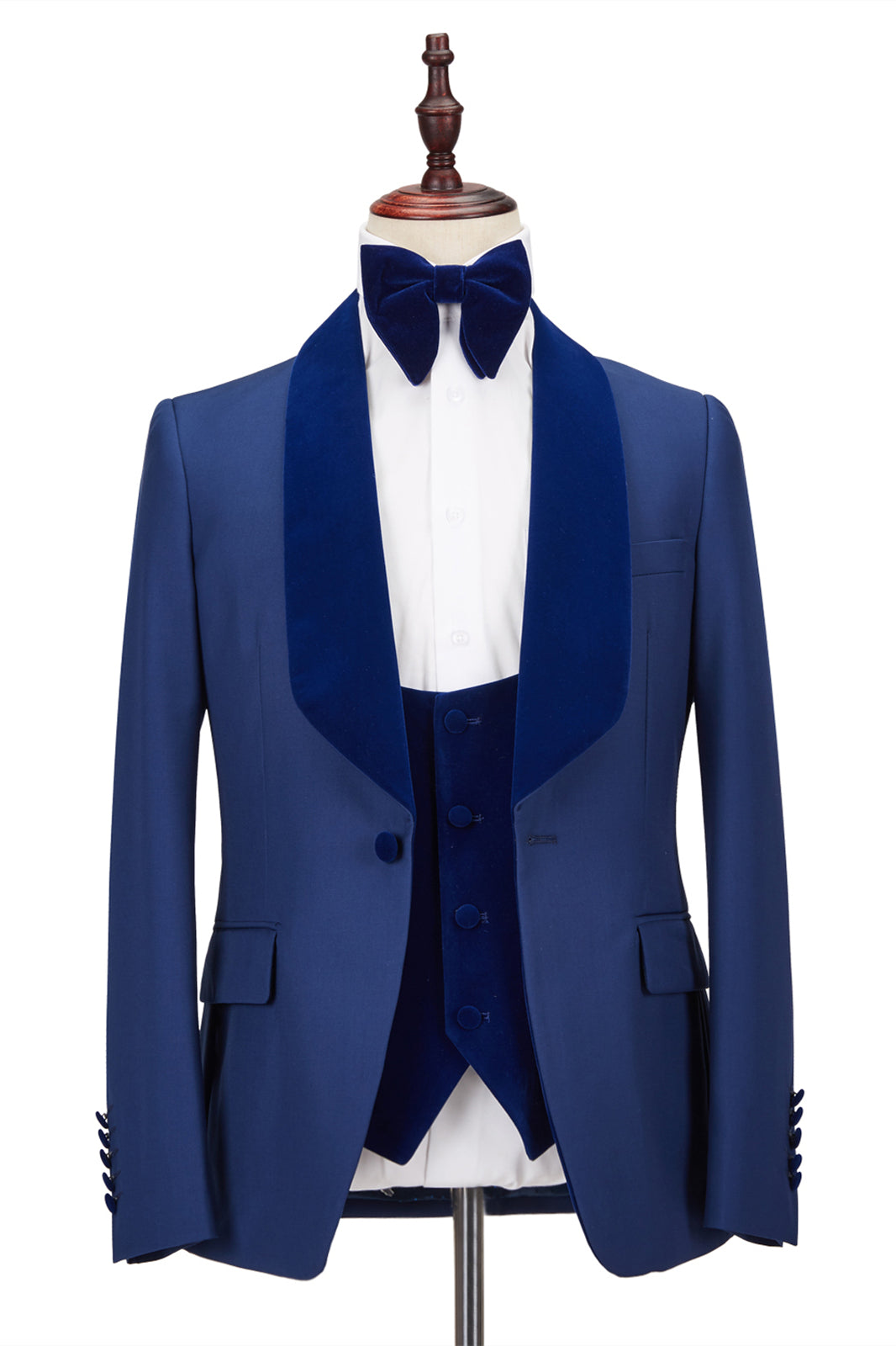 Stylish Royal Blue Stitching Velvet One-Button Shawl Lapel Suits for Wedding Party