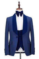 Stylish Royal Blue Stitching Velvet One-Button Shawl Lapel Suits for Wedding Party