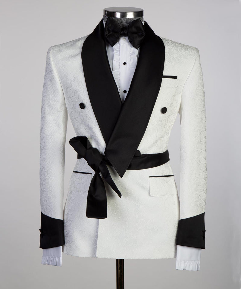 Miael Cuthbert Fashion White Jacquard Wedding Men's Suits with Double-Breasted Shawl Lapel