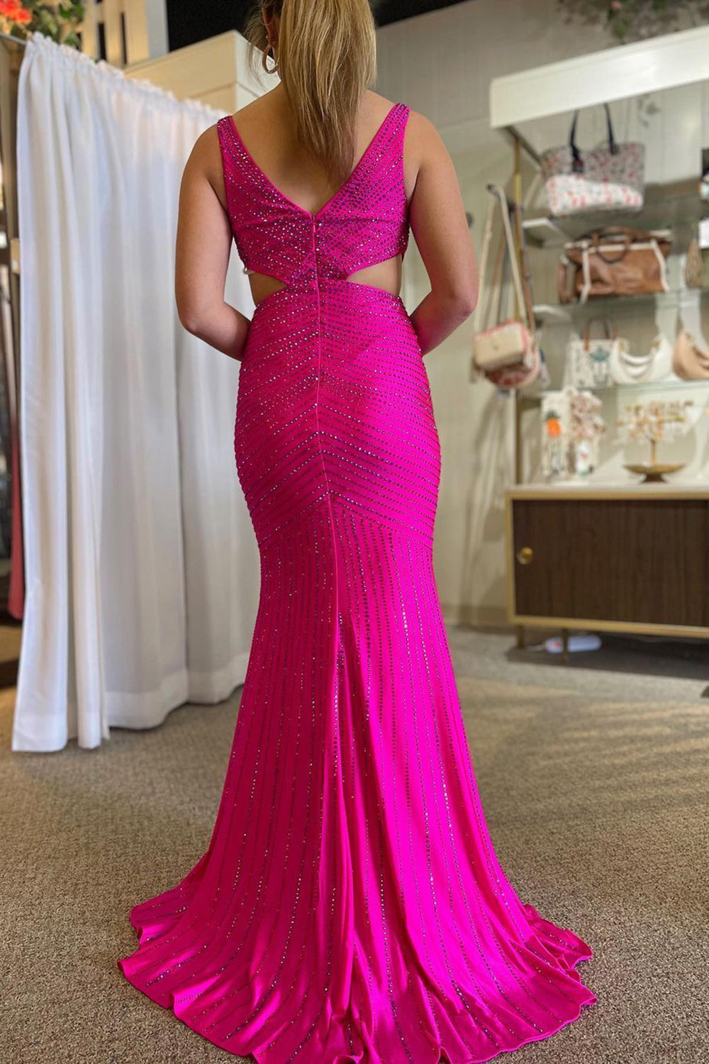 Hot Pink Mermaid Prom Dress with V Neck and Beaded Cut Outs
