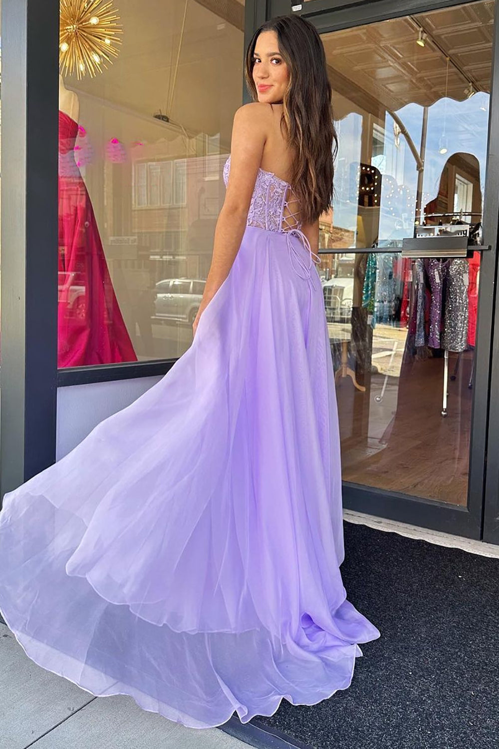 Sweetheart Purple A-Line Corset Prom Dress with Appliques
