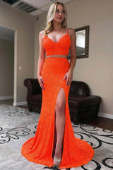 Orange Two-Piece Mermaid Prom Dress Featuring Sequins and a Slit
