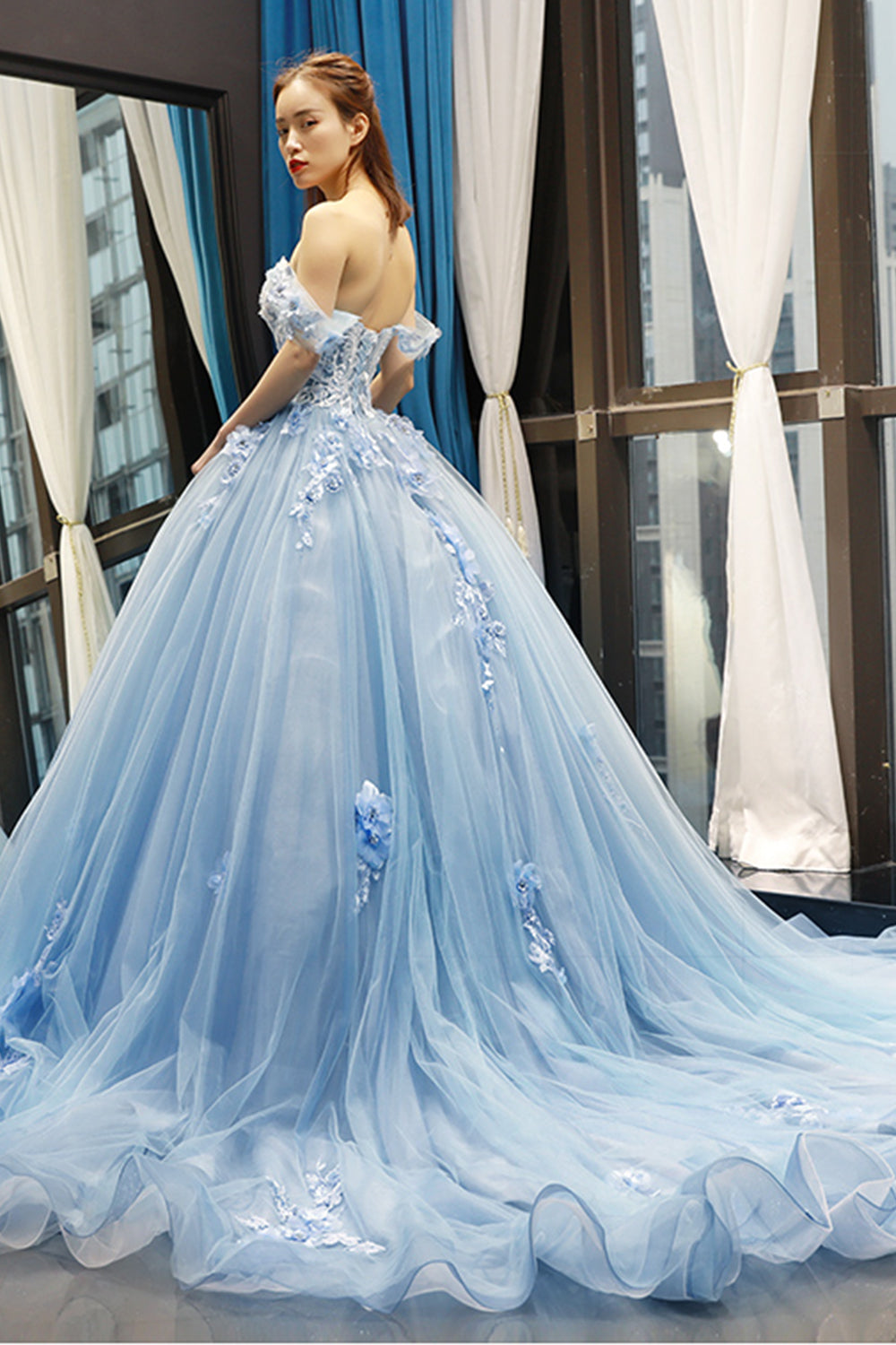 Off-Shoulder Ball Gown in Light Blue