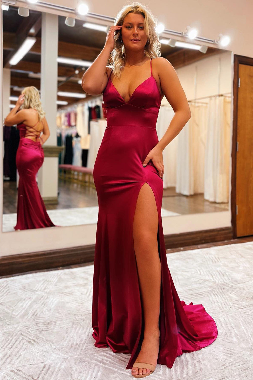 Long Blue Prom Dress with Spaghetti Straps and Silt Sheath