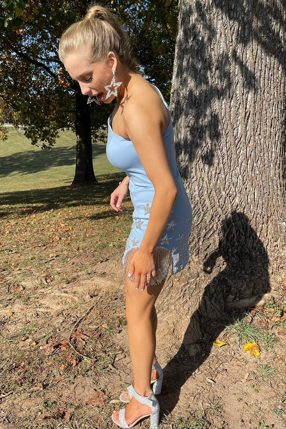 Sparkly Light Blue One Shoulder Stars Tight Short Homecoming Dress/Mini Dress with Fringes